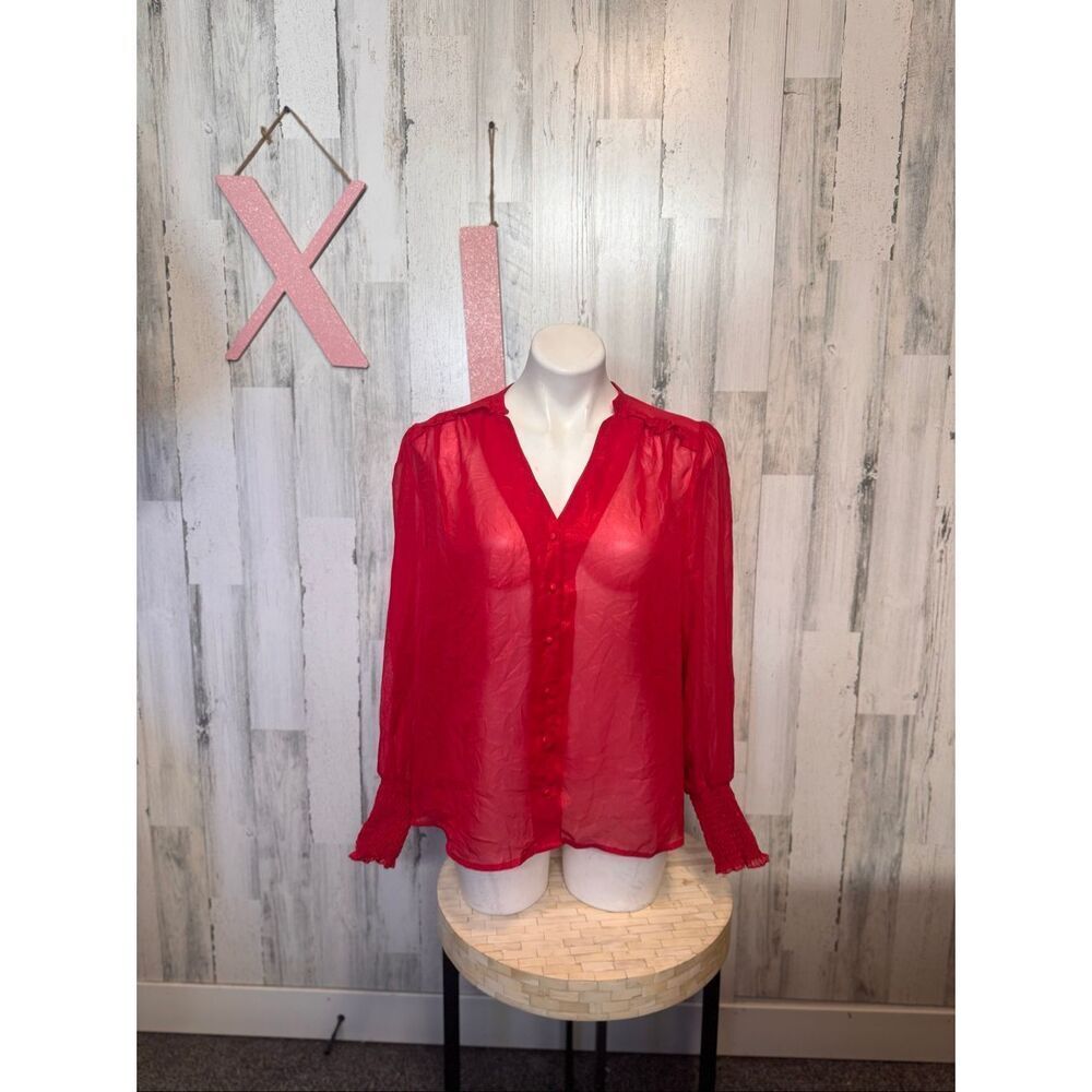 Nanette Lepore Red Chiffon Button Down Blouse Womens Size Extra Large XL Smocked